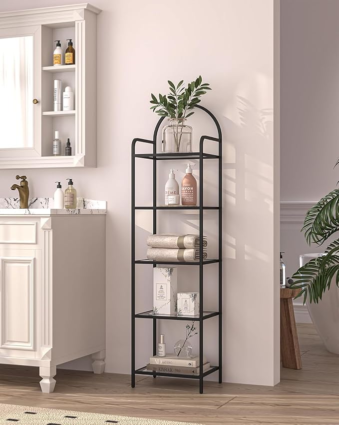 Bookcase Bookshelf, Tempered Glass Bookshelves, Slim Shelving Unit for Bedroom, Bathroom, Home Office, Steel Frame, 5 Tier Black BC05001B