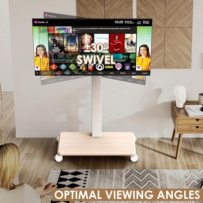 Rolling TV Stand Portrait for 65 70 75 Inch TVs, Tilt and Swivel Mobile TV Cart on Wheels up to 110 Lbs, 6 Height Adjustable PortableTV Stand, Max VESA 600x400mm White