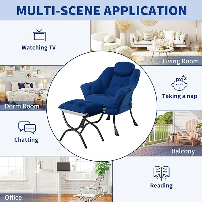 Lazy Chair with Ottoman - Modern Living Room Chairs for Small Spaces, Ergonomic Reading Chair with Armrests, Comfy Chair with Ottoman for Bedroom & Living Room, Blue