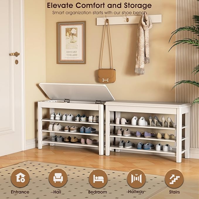 Shoe Rack Bench Seat Rubberwood 3-Tier Wooden Storage Bench 550lbs Compact Mid-Century Modern Design for Entryway, Hallway, Closet, Front Door Entrance, Foyer