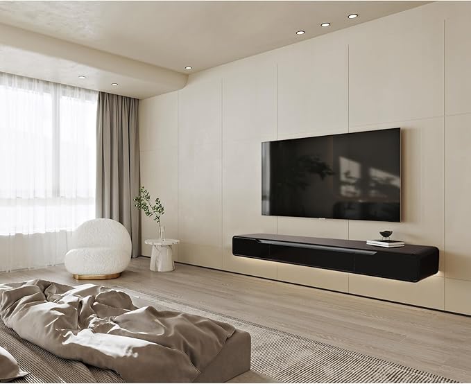 High Gloss Floating TV Stand with 3 Doors,55'' Wall Mounted TV Cabinet,Under TV Console,Floating Media Shelft for Bedroom Living Room(Black)