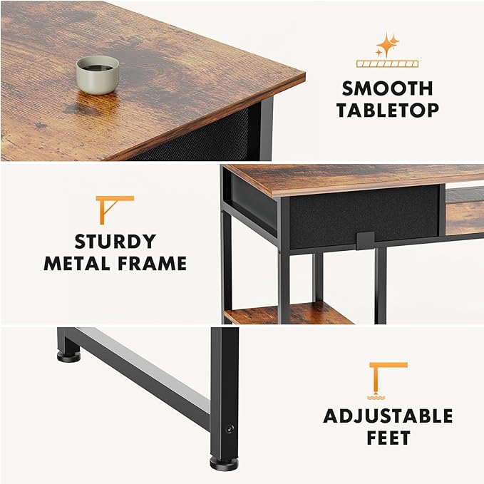 Whitmor Computer Desk - 48 Inch Home Office Study Writing Table with 2 Fabric Drawers, Storage Shelves, Side Bag, Headphone Hook, Brown
