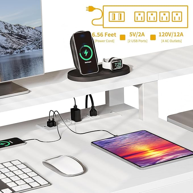 DWVO L Shaped Desk with Drawers, 65" Computer Desk with Power Outlets & LED Lights, Corner Home Office Desk with Storage Shelves & Printer Stand, White