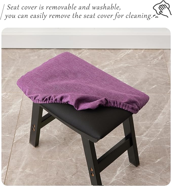 Foot Stool,Ottoman,Bamboo Small Sofa Foot Rest Under Desk,Extra Seating for Living Room, Bedroom and Kitchen (Black Stool Legs - Purple Surface)