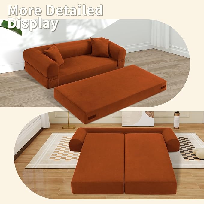 80" Convertible Sofa Bed, 3-in-1 Corduroy Folding Pull Out Couch with Pillows, No Assembly Modern Boneless Couch Compression Sofa in Box, Floor Sofa with Side Storage Pocket for Living Room, Orange