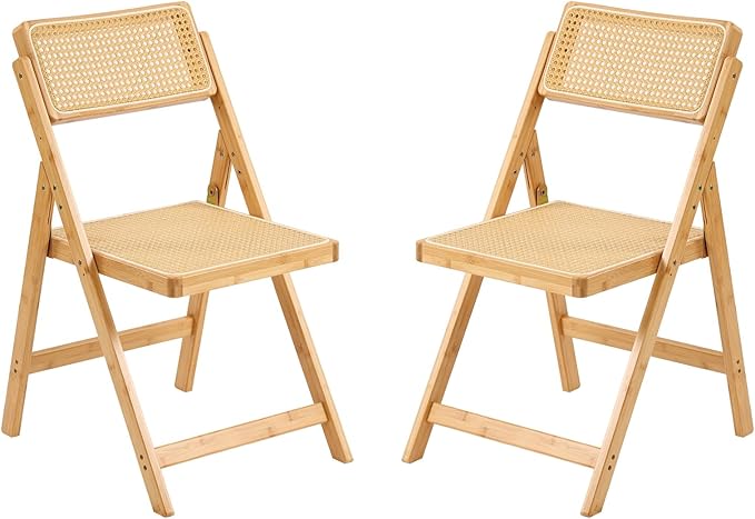Rattan Folding Chairs, Modern Mid Century Dining Chairs Set of 2, Outdoor Bamboo Chair for Bedroom Living Room Reading Room Dining Kitchen, Wood