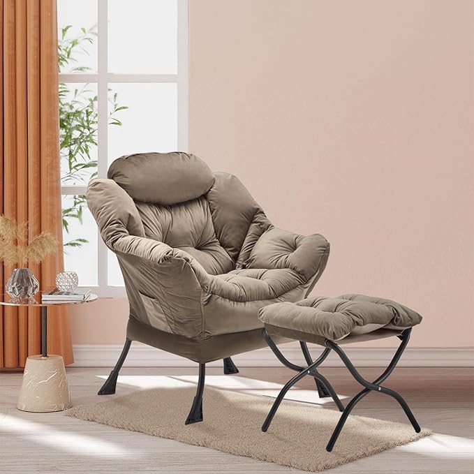 Lazy Chair with Folding Ottoman, Accent Chair Velvet Upholstered with Metal Structure and Non-Slip Pads, Sofa Armchair with Footrest and Side Storage Bag for Dorm, Room, Office, Dark Gray
