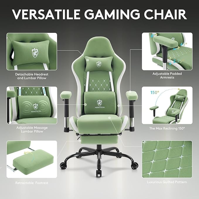 Gaming Chair Breathable Fabric,Computer Office Chair with Footrest,Massage Lumbar Support and Gel Pad,Ergonomic Reclining Gamer Chair with Adjustable Armrests and Spring Cushion Green