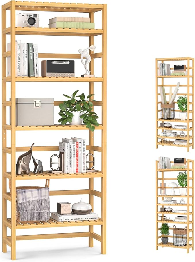 Homykic 6-Tier Bamboo Bookshelves and Bookcases, Adjustable 63.4”Tall Shallow Book Shelf Organizer Rack, Freestanding Storage Shelving Unit for Living Room, Kitchen, Bathroom, Office, Natural