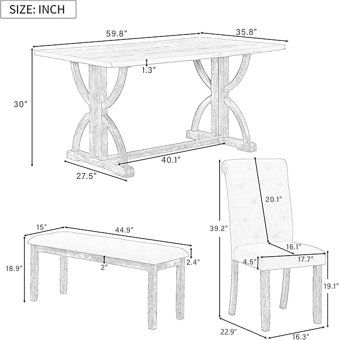 SogesPower 6-Piece Dining Table Set, Rectangular Farmhouse Kitchen Dining Table Set with 4 Upholstered Chairs & 1 Bench, Retro Kitchen Table Set for 4-6 for Dining Room Living Room,Natural Wood Wash