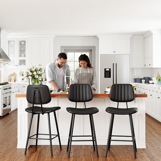 24-Inch Leather Bar Stools, Counter Height Barstools with High Backrest，Bar Chairs for Kitchen Island with Heavy Duty Metal Legs, Black