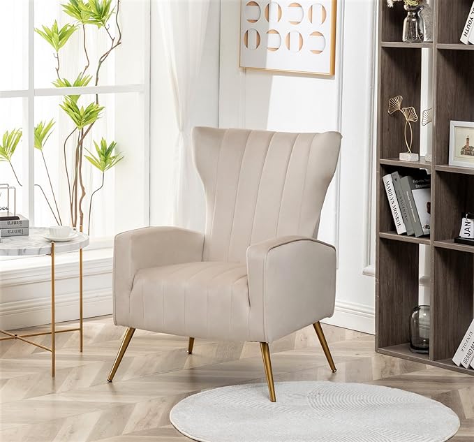 Container Furniture Direct Modern Velvet Accent Chair, Channel Tufted Bedroom, Office or Living Room Furniture with Elegant Metal Legs, 26" Wide Armchair, Beige