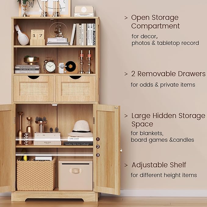 Iwell Tall Storage Cabinet, Rattan Cabinet with 2 Drawers & Adjustable Shelf, Kitchen Pantry Storage Cabient, Entryway Cabinet for Living Room, Dining Room, Home Office, Natural