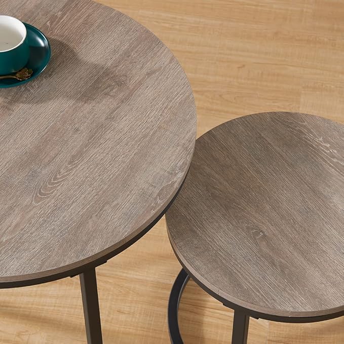 CENSI 24" Round Nesting Table, Accent Coffee Table, French Oak Grey Wood Finish, Space-Saving, Modern Industrial Style