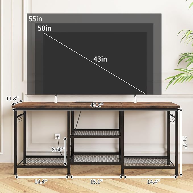 YGEOMER Entertainment Center for 55 inch TVs, TV Stand with Power Outlet and Open Storage Shelves, TV Media Console Table for Living Room and Bedroom, Rustic Brown
