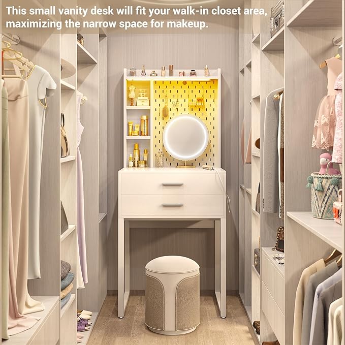 Small Vanity Desk with Hutch and Drawers, White Makeup Vanity Desk with Charging Station, Vanity Table Dressing Table with LED Lights, Vanity Desk No Mirror with Pegboard for Girls Women, 24"