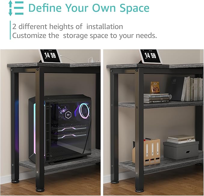 Lufeiya L Shaped Computer Desk with Drawers & Storage Shelves, 47 Inch Small Corner Desk with Power Outlet for Home Office Bedroom, L-Shaped Gaming PC Desks with Fabric Drawer, Gray