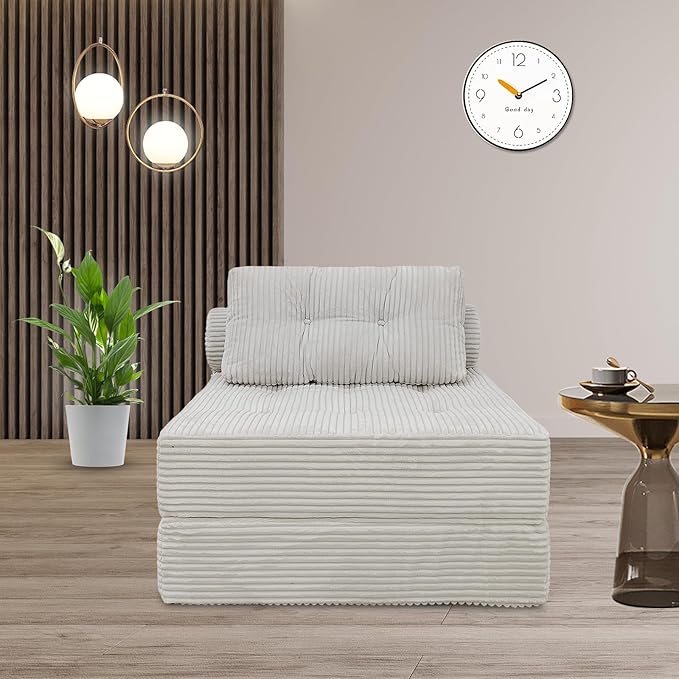 ANONER Folding Sofa Bed, Versatile Convertible Sleeper Chair with Pillow, Futon Fold Out Chair Bed, Memory Foam Chaise Lounge, Cozy Floor Couch for Living Room and Bedroom, Beige