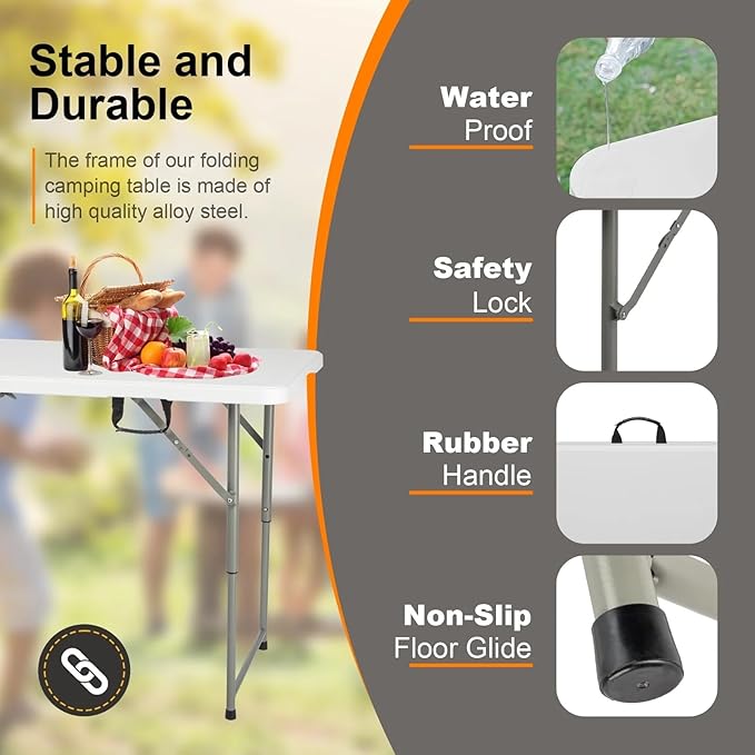 4ft Plastic Folding Table, Kids Folding Activity Table for Classrooms and Home,Indoor Outdoor Heavy Duty Portable Handle, Lock for Picnic, Party, Pong, Camping - White (4ft)