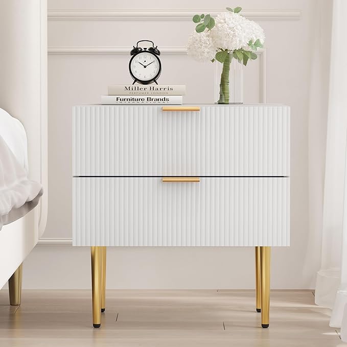Nightstand, White Night Stand with Fluted Panel, Bedside Table with 2 Drawer, Large Mid Century Modern Nightstand with Gold Leg, End Tables for Bedroom