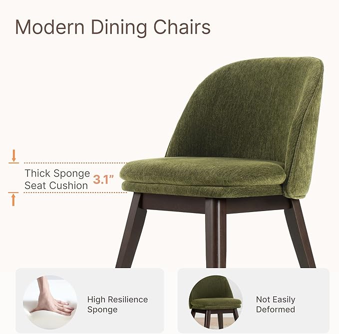 Wooden Dining Chairs Set of 2, Fabric Upholstered Modern Dining Room Chairs with Double-Layer Thick Seat Cushion & Ergonomic Backrest for Restaurant, Kitchen and Café, Green