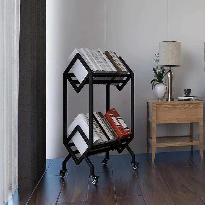VEDECASA Bookshelf Book Rack Industrial Metal Bookcase 2 Tier Holder with Wheels Modern Stylish Design Magazines Files Album Recipe Book Storage Organizer for Sofa End Bed Beside