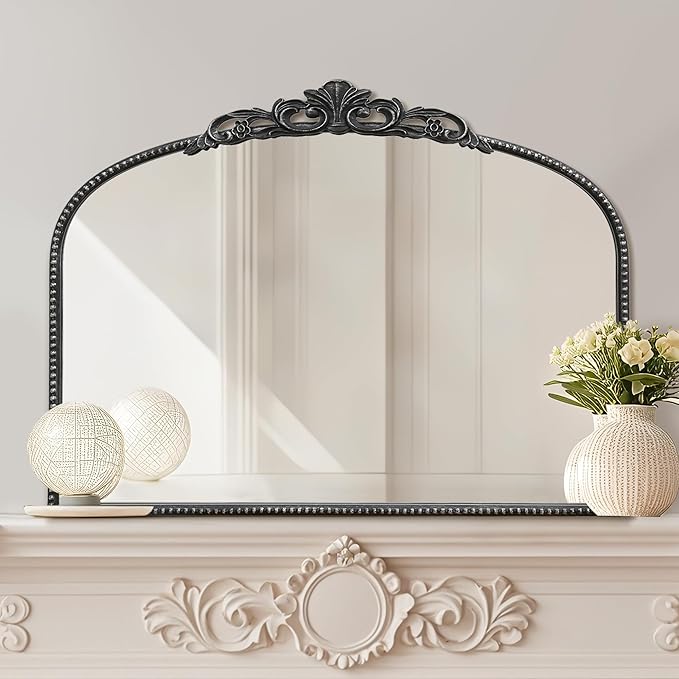 Micasso Black Vintage Wall Mirror: 24"x 32" French Baroque Antique Arched Wall Mounted Mirror - Traditional Ornate Decorative Entryway Mirror for Home Decor/Entryway/Fireplace/Living Room/Hallway