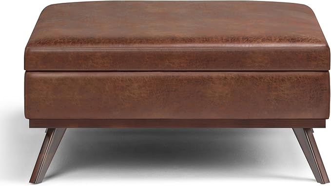 SIMPLIHOME Owen 40 inch Wide Mid Century Modern Square XL Coffee Table Storage Ottoman in Distressed Saddle Brown Vegan Faux Leather, Assembled, For the Living Room, Entryway and Family Room