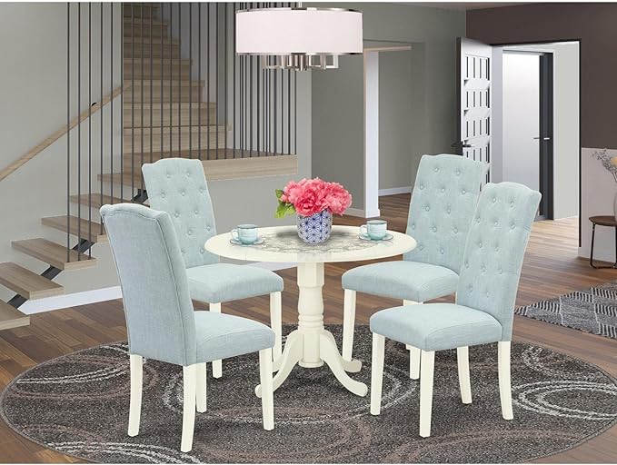 East West Furniture DLCE5-WHI-15 5 Piece Dining Set Includes a Round Dining Room Table with Dropleaf and 4 Baby Blue Linen Fabric Upholstered Chairs, 42x42 Inch, Linen White