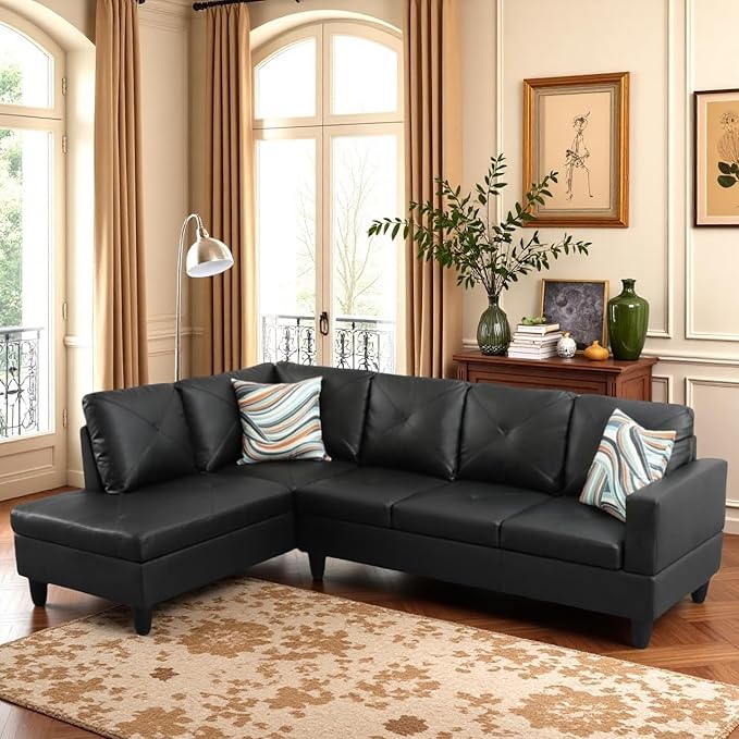 L-Shaped Sectional Sofa, Modern Sectional Couches Home Sofas for Living Room with Movable Chaise, Modular Living Room Sets Furniture for Apartment Bedroom & Office, Black