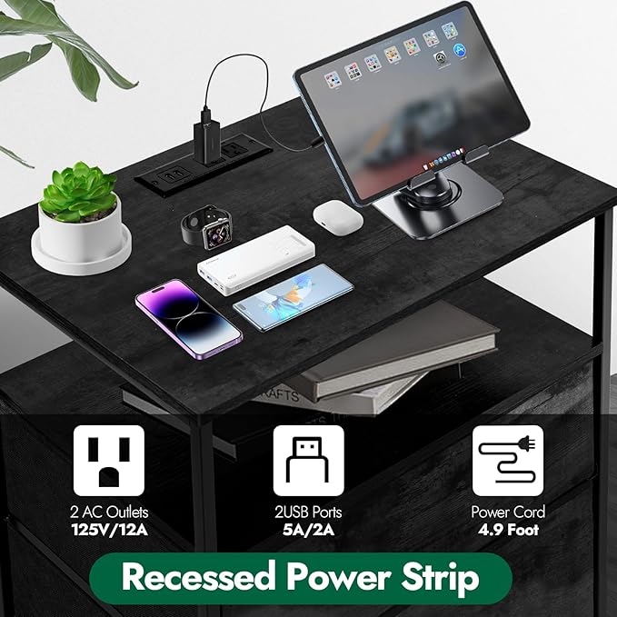 3 Drawers Dresser with Charging Station, 24 Inch Wide LED Night Stand Set 2 with Adjustable Fabric Drawer, Nightstand with Storage Shelf for Living Room/Bedroom/Office, Black.