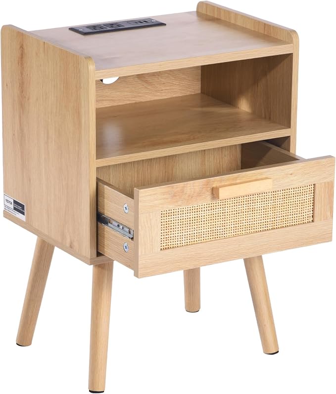 VEVOR Rattan Nightstand, Boho Bedside Table with Drawer Open Shelf, End Table Wooden Nightstand with Solid Wood Legs, Rattan Side Table with Charging Station, for Bedroom