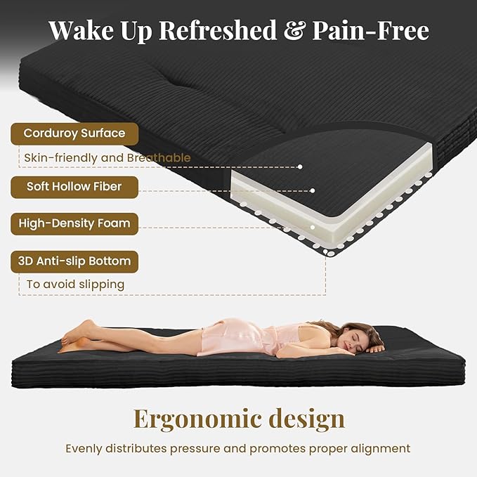 Japanese Floor Mattress, 4" Thicken Futon Mattress Twin Size Sleeping Pad, Corduroy Foldable Mattress Pad Roll Up Tatami Mat Floor Mattress for Adults（Black）