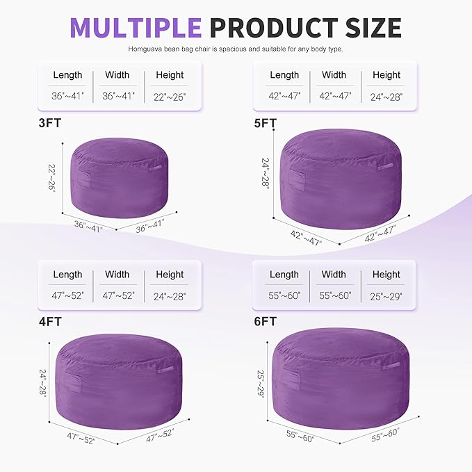 Homguava 6 FT Bean Bag Chair: 6' Bean Bags with Memory Foam Filled, Large Beanbag Chairs Soft Sofa with Dutch Velvet Cover-Purple