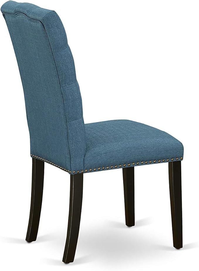 East West Furniture ELP1T21 Elsa Parson Kitchen Chairs - Button Tufted Nailhead Trim Blue Linen Fabric Upholstered Dining Chairs, Set of 2, Black