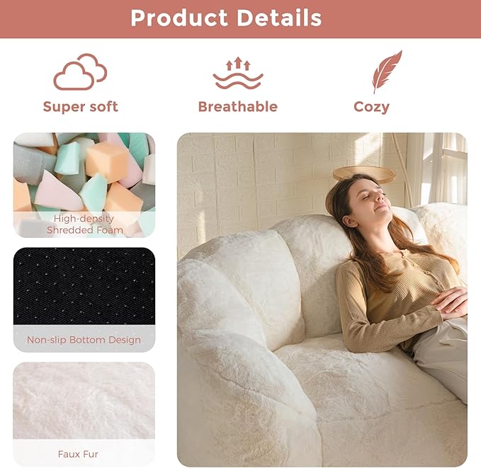 MAXYOYO Bean Bag Chair for Adults, Loveseat Floral Shaped Bean Bag Sofa, Ultra Soft Love Seat Mini Sofa Couch, Faux Fur Reading Chair for Living Room Bedroom, Beige