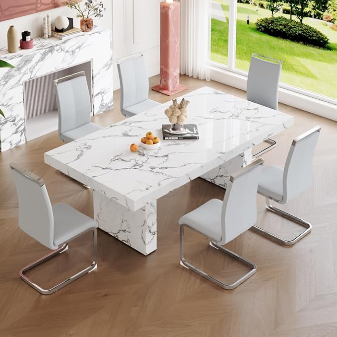 Dining Chairs Set, Kitchen Modern Metal Chairs with Faux Leather Padded Seat High Back and Sturdy Chrome Legs, Chairs for Dining Room (Light Gray, Set of 4)