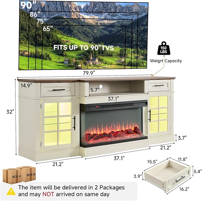 ROCKPOINT 3 Sided Glass 80" Fireplace TV Stand for TVs up to 90", Entertainment Center with Drawers and Glass Door Storage Cabinet for Living Room,36" Electric Fireplace & Adjustable LED Light,White