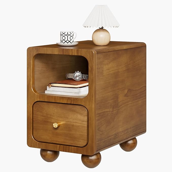 Solid Wood Nightstand, Narrow Night Stand with Drawers, Walnut Mid Century Modern Nightstand, Small Beside Table with Open Storage Shelf for Bedroom (12 inch)