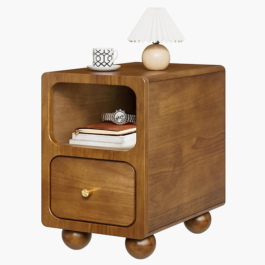 Solid Wood Nightstand, Narrow Night Stand with Drawers, Walnut Mid Century Modern Nightstand, Small Beside Table with Open Storage Shelf for Bedroom (12 inch)