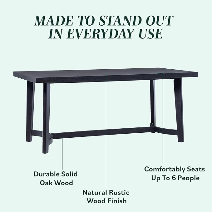 Walker Edison Modern Farmhouse Rustic Solid Oak Wood Rectanglular Dining Table for 6 - Black Oak