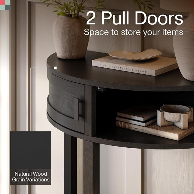 Living Room Furniture Sofa Table Half Moon - 32 in x 15.75 in, Blackened Oak Rustic Wood - Console Table with Storage & Black Knobs for Hallway & Entryway Decor