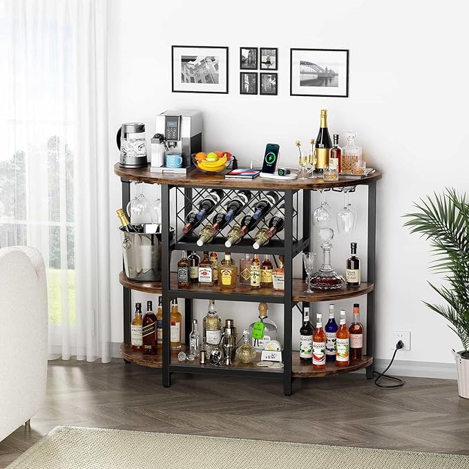 Zarler Bar Cart with Power Outlet Easy to Assemble, LED Home Bar Cabinet for Liquor, 47.3" L x 15.8" D x 36" H Metal Mini Bar Table with 4-Tier Storage, Brown