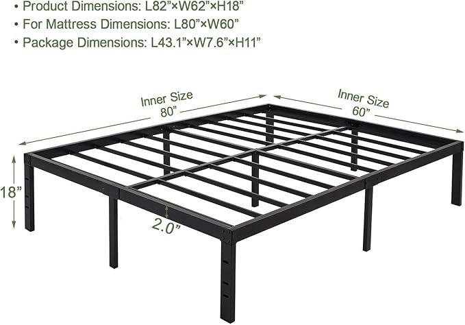 45MinST 18 Inch Platform Bed Frame/Easy Assembly Mattress Foundation / 3000lbs Heavy Duty Steel Slat/Noise Free/No Box Spring Needed,Queen