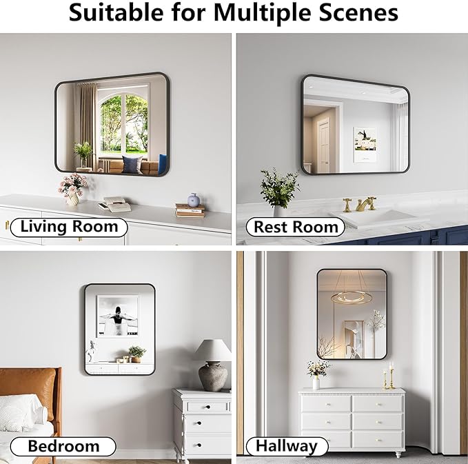 Bathroom Mirror, 28X32 Inch Black Metal Framed Mirror for Bathroom, Tempered Glass, Anti-Rust, Rounded Rectangle Mirror for Restroom, Bedroom, Black