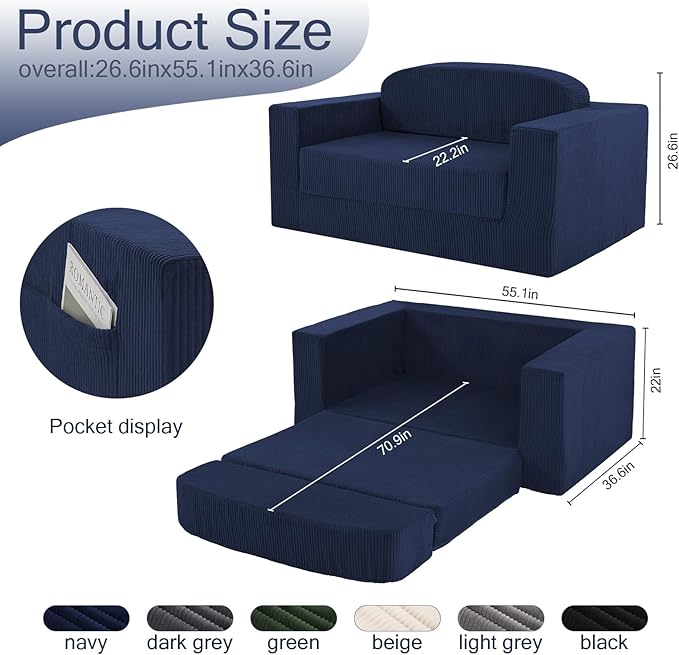 MeMoreCool Transform Your Space – 2-in-1 Corduroy Loveseat & Sleeper, Boneless High-Density Foam Floor Sofa with Removable Washable Cover, Fold-Out Couch for Apartments & Guest Stays