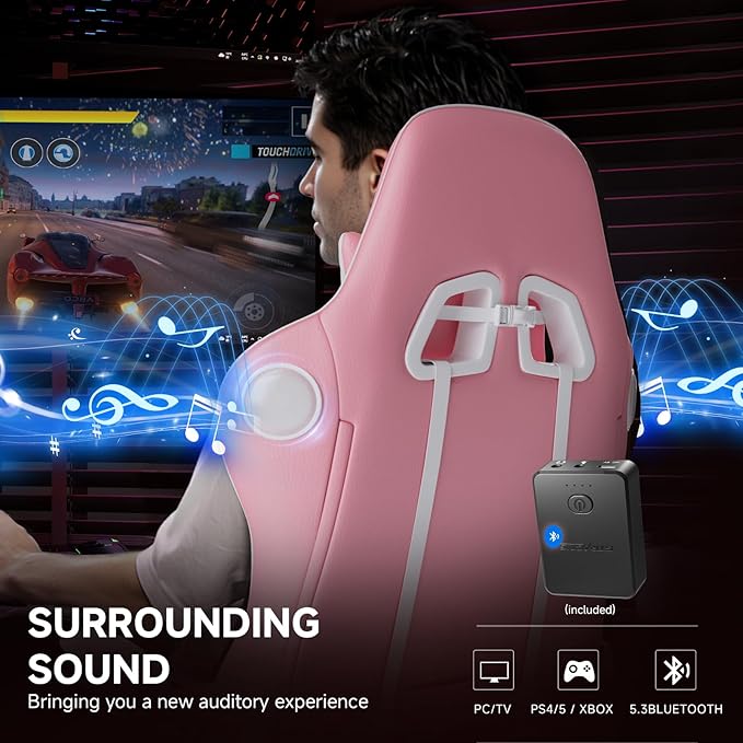 GTPLAYER Gaming Chair with Bluetooth Speakers and Footrest, Ergonomic Gamer Chair with Reclining Backrest, 3D Armrests, Adjustable Seat Height, Computer Desk Chair for Adults (Pink)