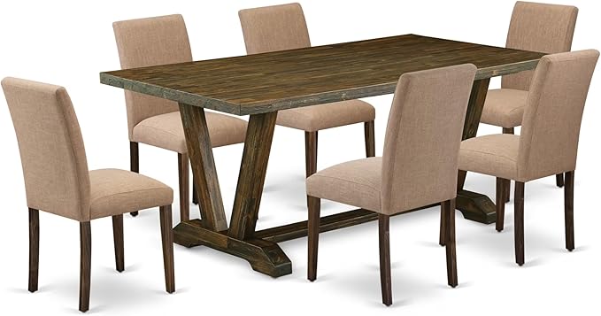East West Furniture V777AB747-7 7 Piece Dinette Set Consist of a Rectangle Dining Table with V-Legs and 6 Light Sable Linen Fabric Parson Dining Room Chairs, 40x72 Inch, Multi-Color
