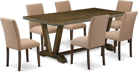 East West Furniture V777AB747-7 7 Piece Dinette Set Consist of a Rectangle Dining Table with V-Legs and 6 Light Sable Linen Fabric Parson Dining Room Chairs, 40x72 Inch, Multi-Color