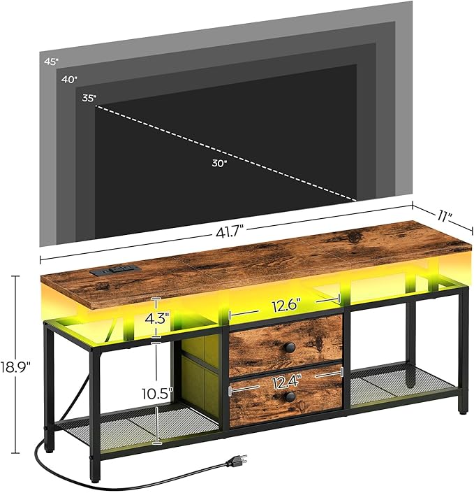 TV Stand with LED Light and Power Outlets, Entertainment Center with Fabric Drawers and Open Shelves, 41.7" TV Cabinet for TVs up to 45 Inch, Media Console for Living Room, Brown DS03UDBR